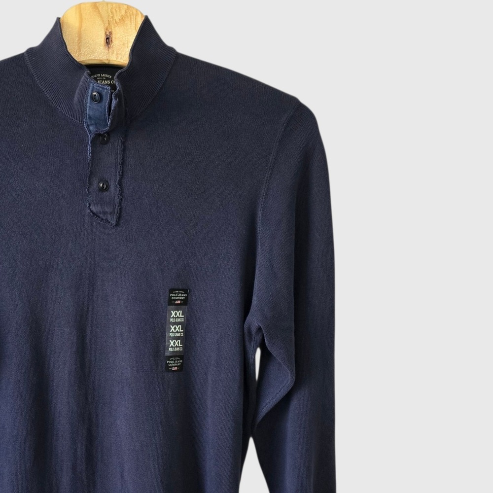 Polo Jeans Co Ralph Lauren Mens XXL Navy Blue Mock Neck Button Cotton Sweater